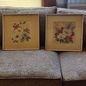 Kupur water colors of white, yellow, blue & red flowers in cream frames $60 each